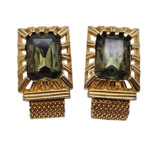 Swank Green Glass Cufflinks Gold Tone Mesh Wrap Stone Retro MCM Large Menswear